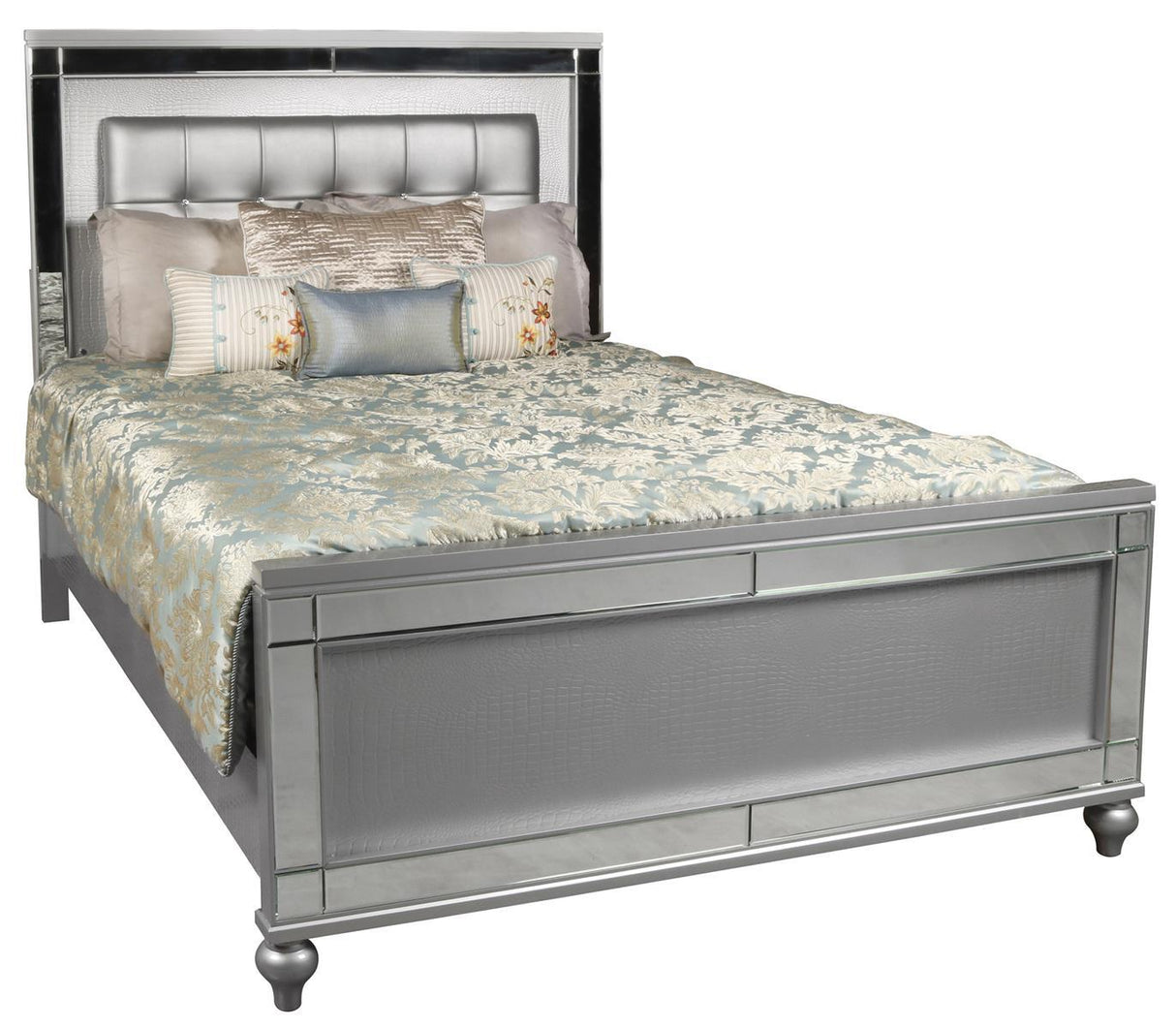 New Classic Furniture Valentino Queen Upholstered Lighted Bed in Silver