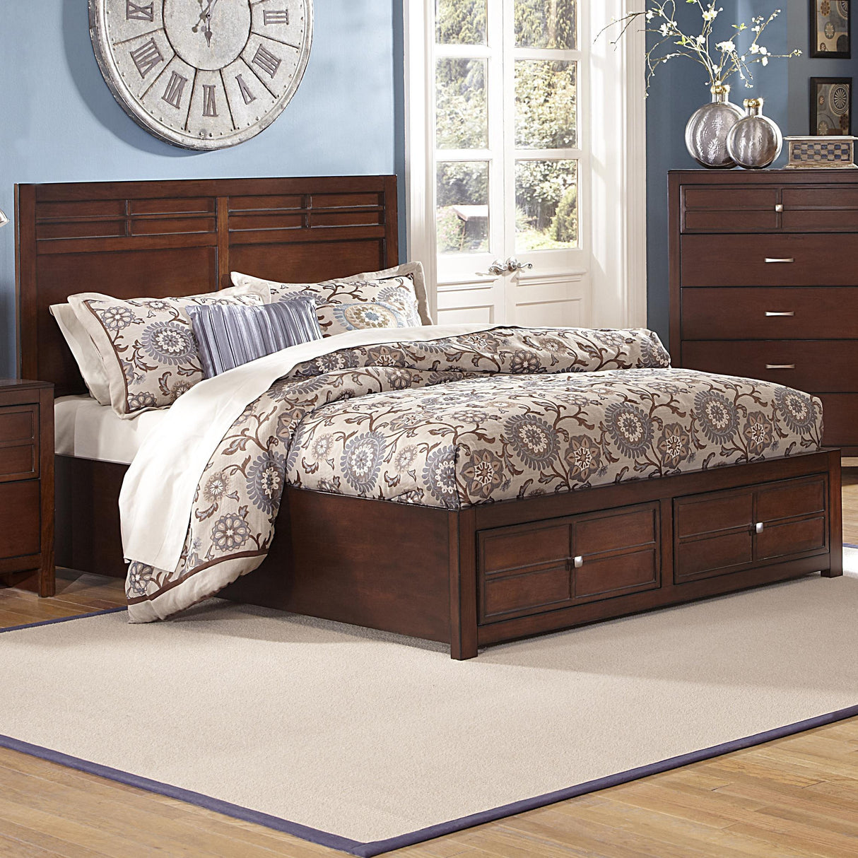 New Classic Kensington Queen Low Profile Bed with Storage Footboard in Burnished Cherry