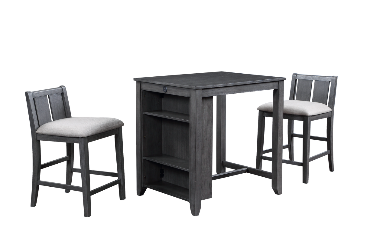 HESTON 36" STORAGE COUNTER TABLE SET W/2 CHAIRS-GRAY
