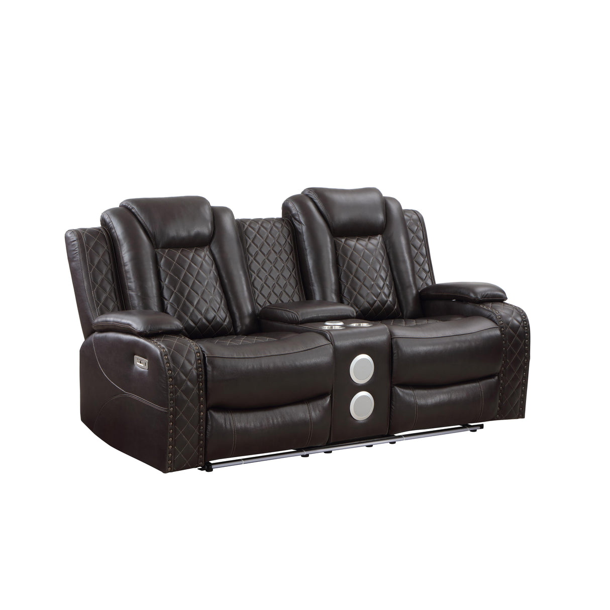 JOSHUA LEATHER CONSOLE LOVESEAT W/ PWR FR & HR-DK BROWN - galleria furniture outlet