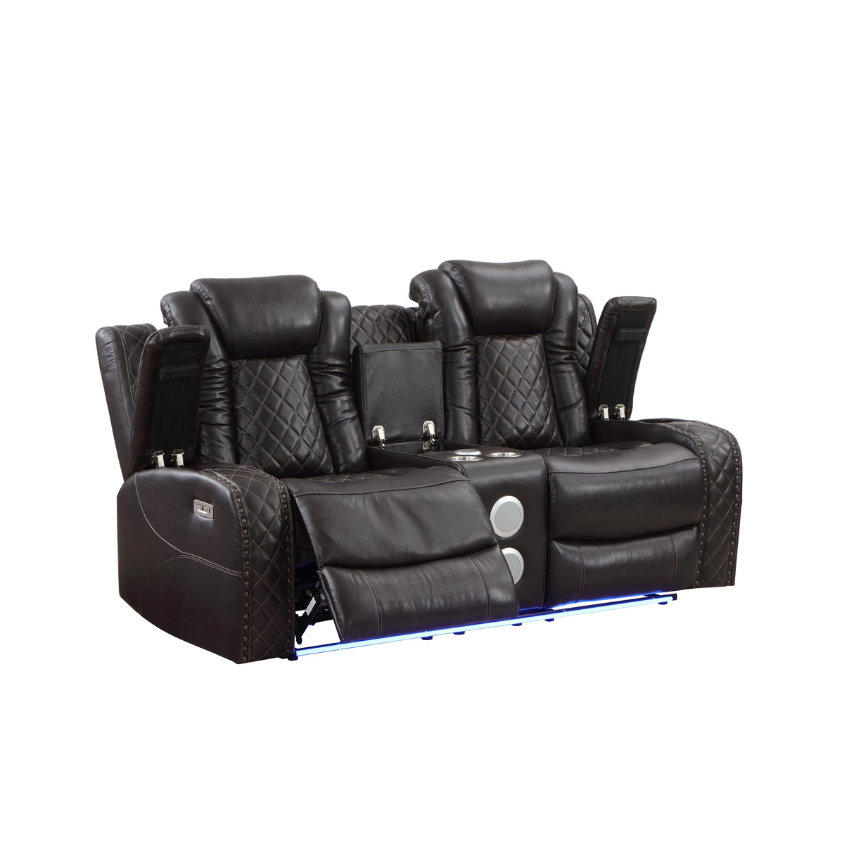 JOSHUA LEATHER CONSOLE LOVESEAT W/ PWR FR & HR-DK BROWN - galleria furniture outlet