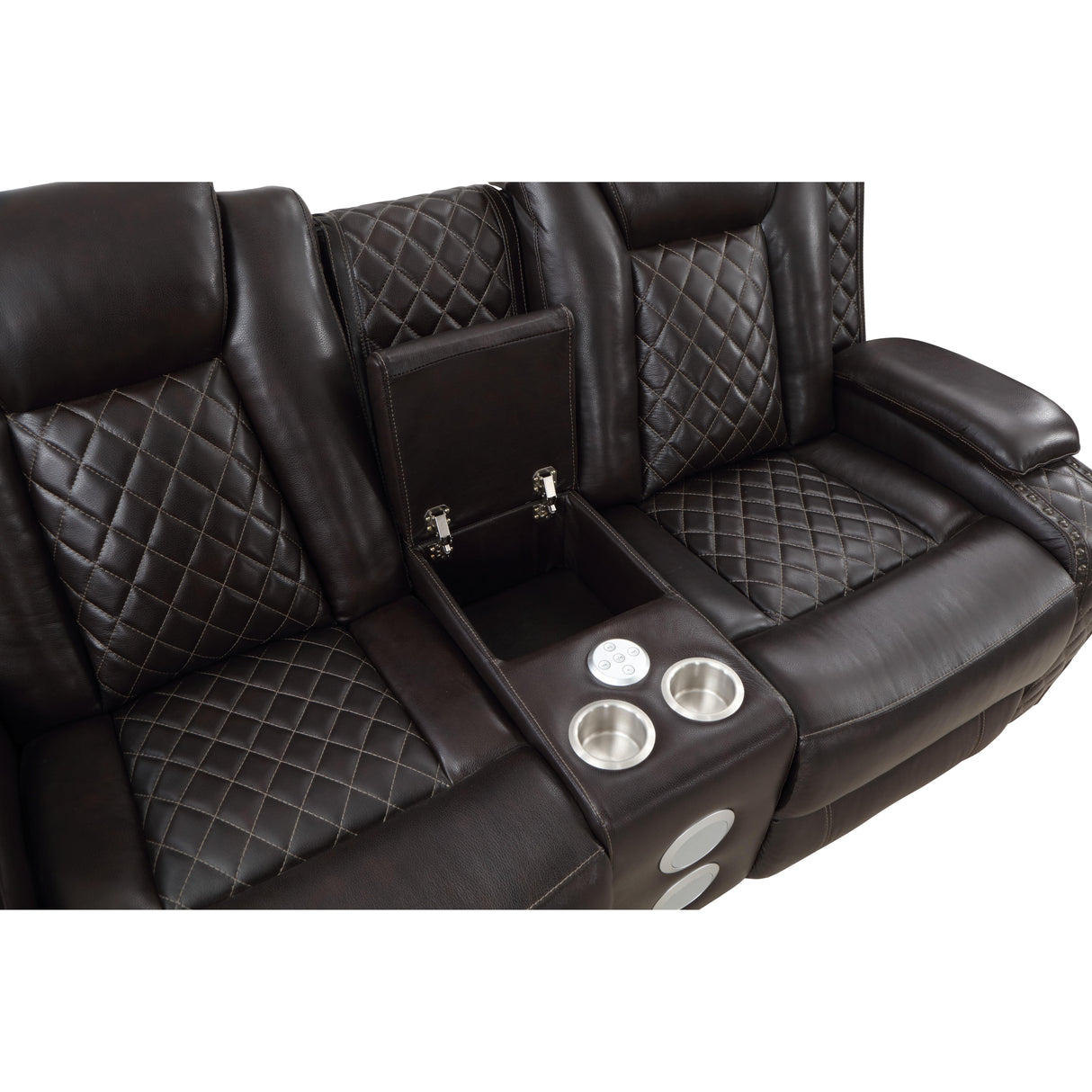 JOSHUA LEATHER CONSOLE LOVESEAT W/ PWR FR & HR-DK BROWN - galleria furniture outlet