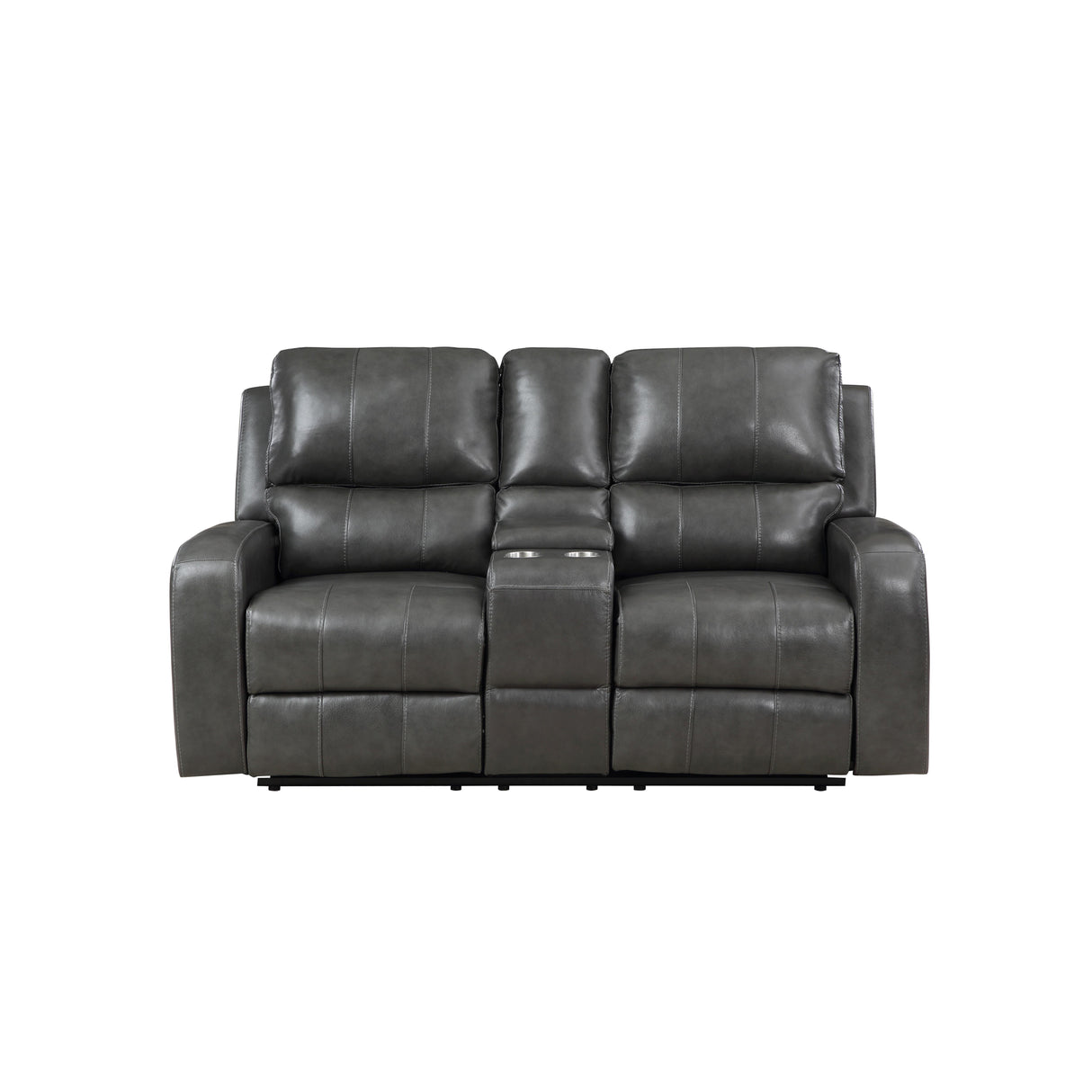 LINTON LEATHER CONSOLE LOVESEAT W/ DUAL RECLINERS-GRAY