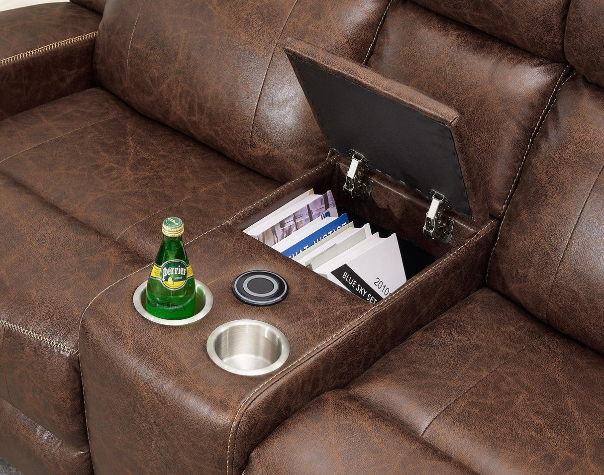 New Classic Furniture Atticus Console Loveseat With Power Footrest in Mocha - galleria furniture outlet