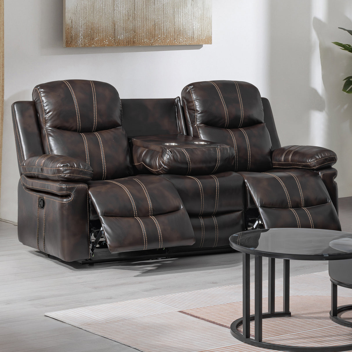 Kellen Sofa W/Dual Recliner & Drop Down Tray-Brown