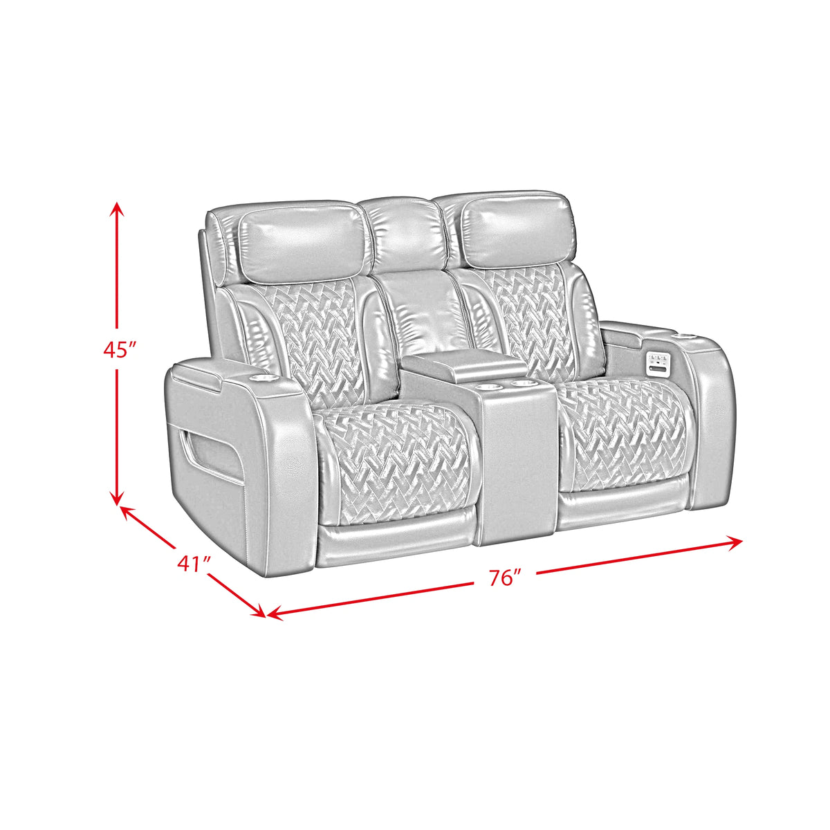 Prime Time P3 Loveseat with LED, wireless charger pocket, and Console in Jett Black with Red Stitching