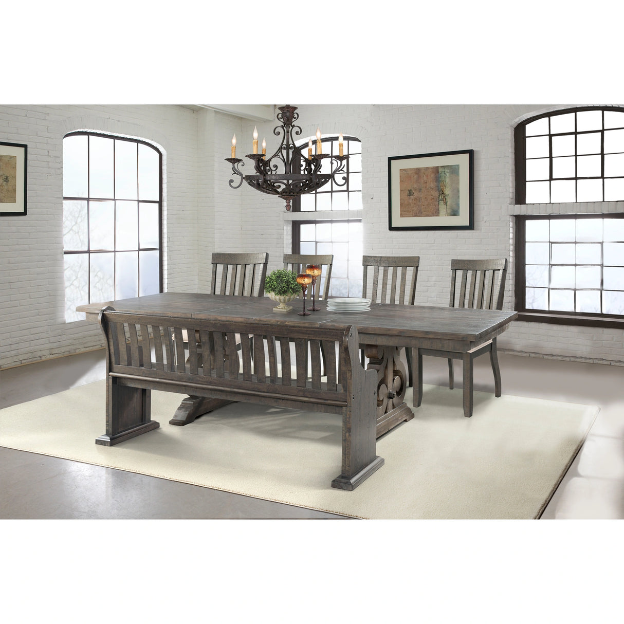 Stone Dining 6PC Set- Table, 4 Side Chairs, & Pew Bench