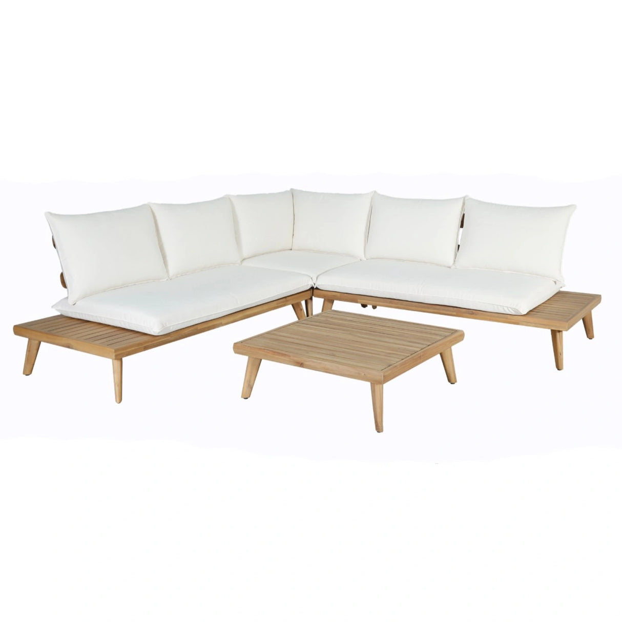 Tavira - Outdoor Off-White Fabric + Eucalyptus Sectional Sofa + Coffee Table Set