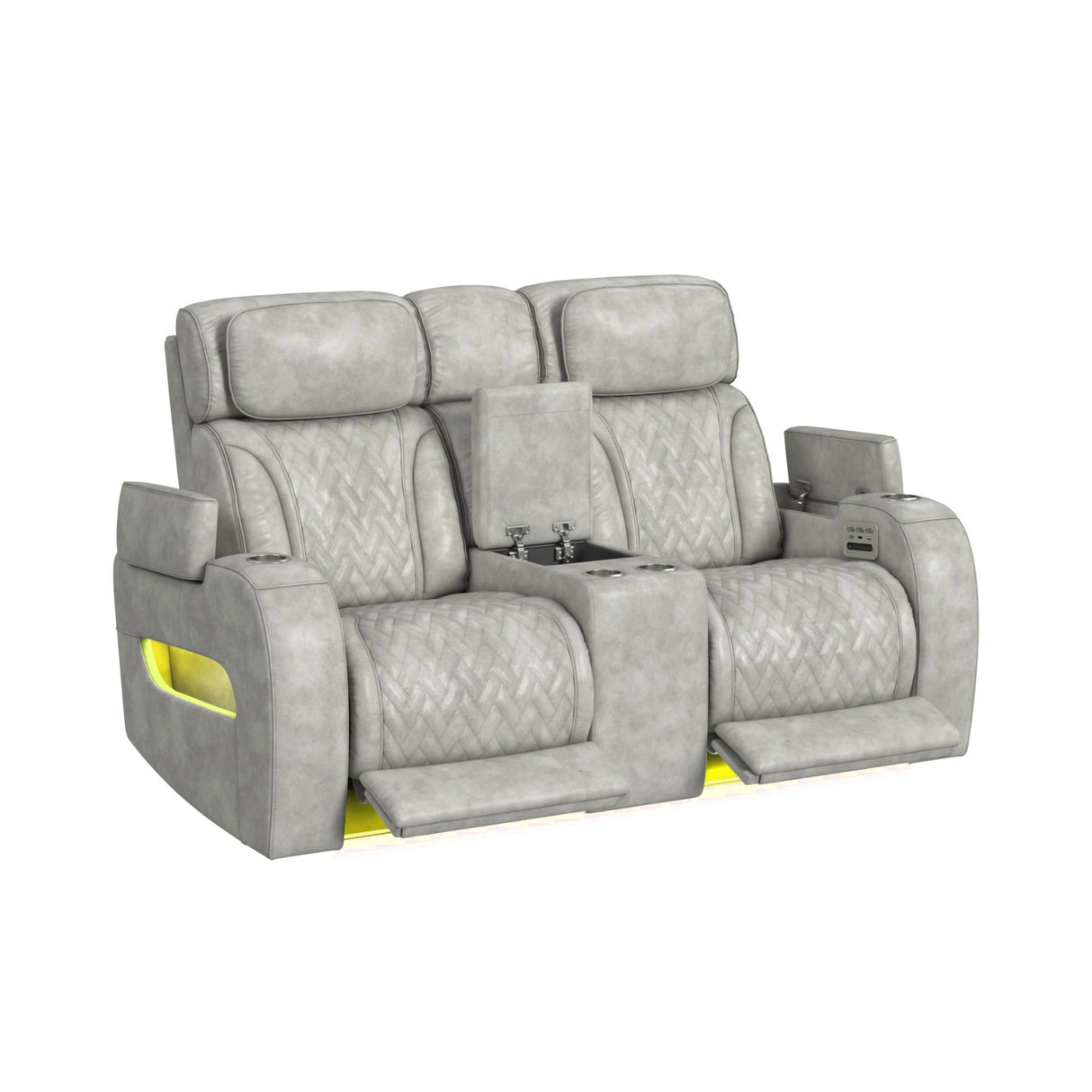 Prime Time P3 3PC Living Room Set with 7 Colors LED in Leather Gel Light Grey-Sofa, Loveseat & Recliner