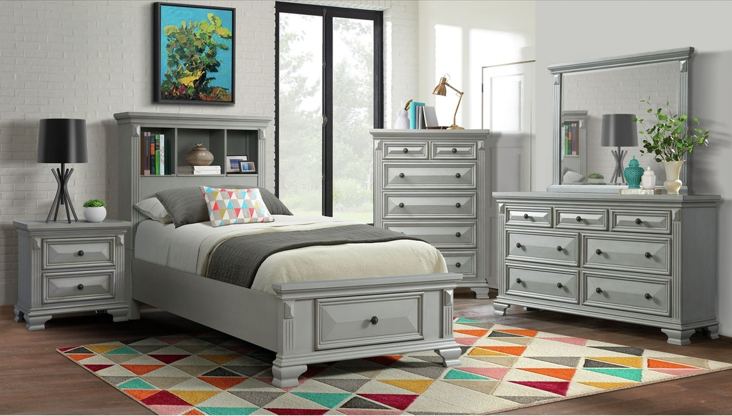 Elements International Calloway Grey Queen Bookcase Storage Bed in Grey