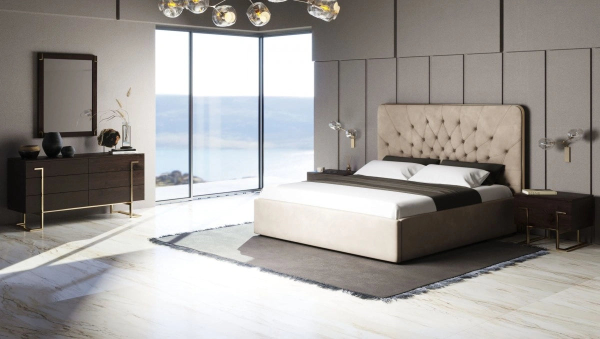 Moontide - Glam Beige Velvet and Brushed Brass Bedroom Set