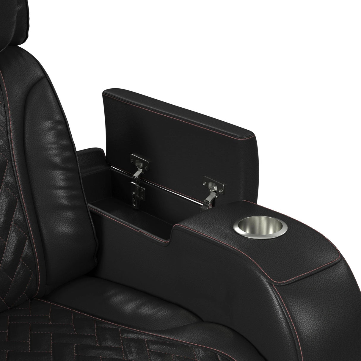 Prime Time P3 Sofa with I Table, reading light, heat, massage, LED, and speaker in Jett Black with Red Stitching