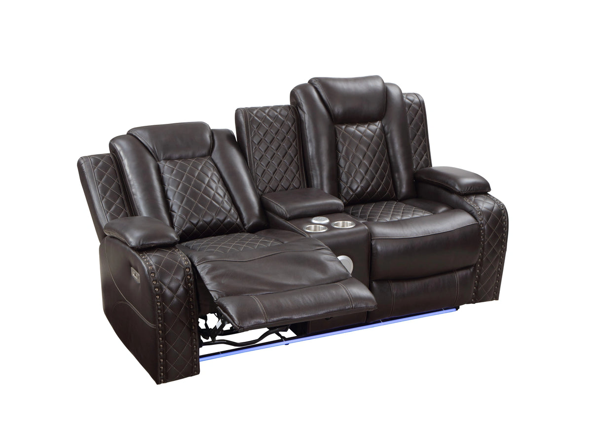 JOSHUA LEATHER CONSOLE LOVESEAT W/ DUAL RECLINERS-DK BROWN