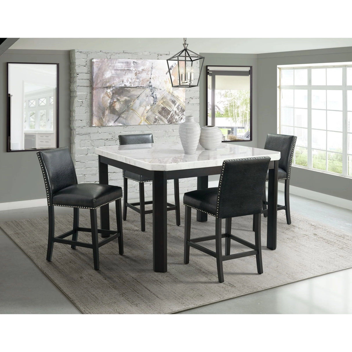 Francesca White Marble Square 5PC Counter Height Dining Set-Table & Four Black PU Chairs