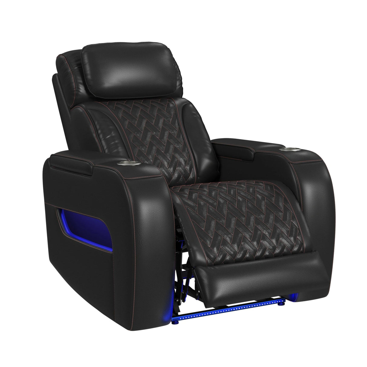 Prime Time P3 Recliner with LED and wireless charger pocket in Jett Black with Red Stitching