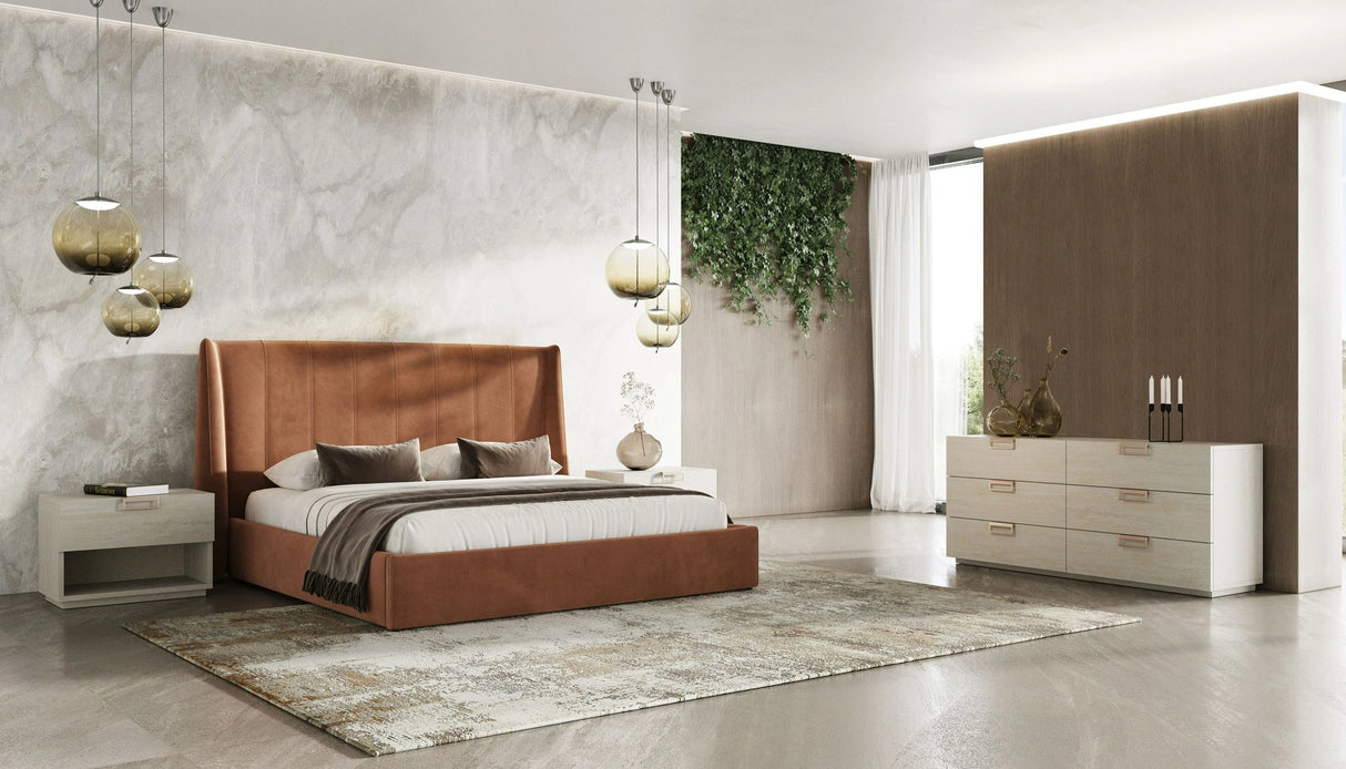 Roma + Lago - Modern Burnt Orange Velvet + Faux Travertine 4-Piece Bedroom Set