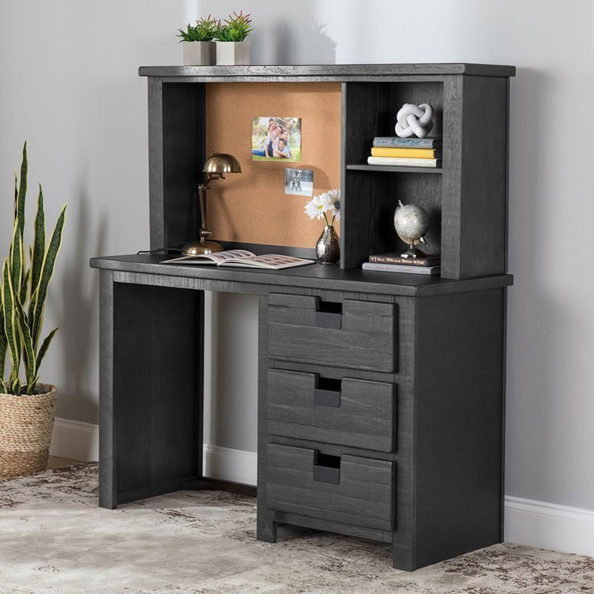 Elements International Vista Computer Desk with Hutch in Grey
