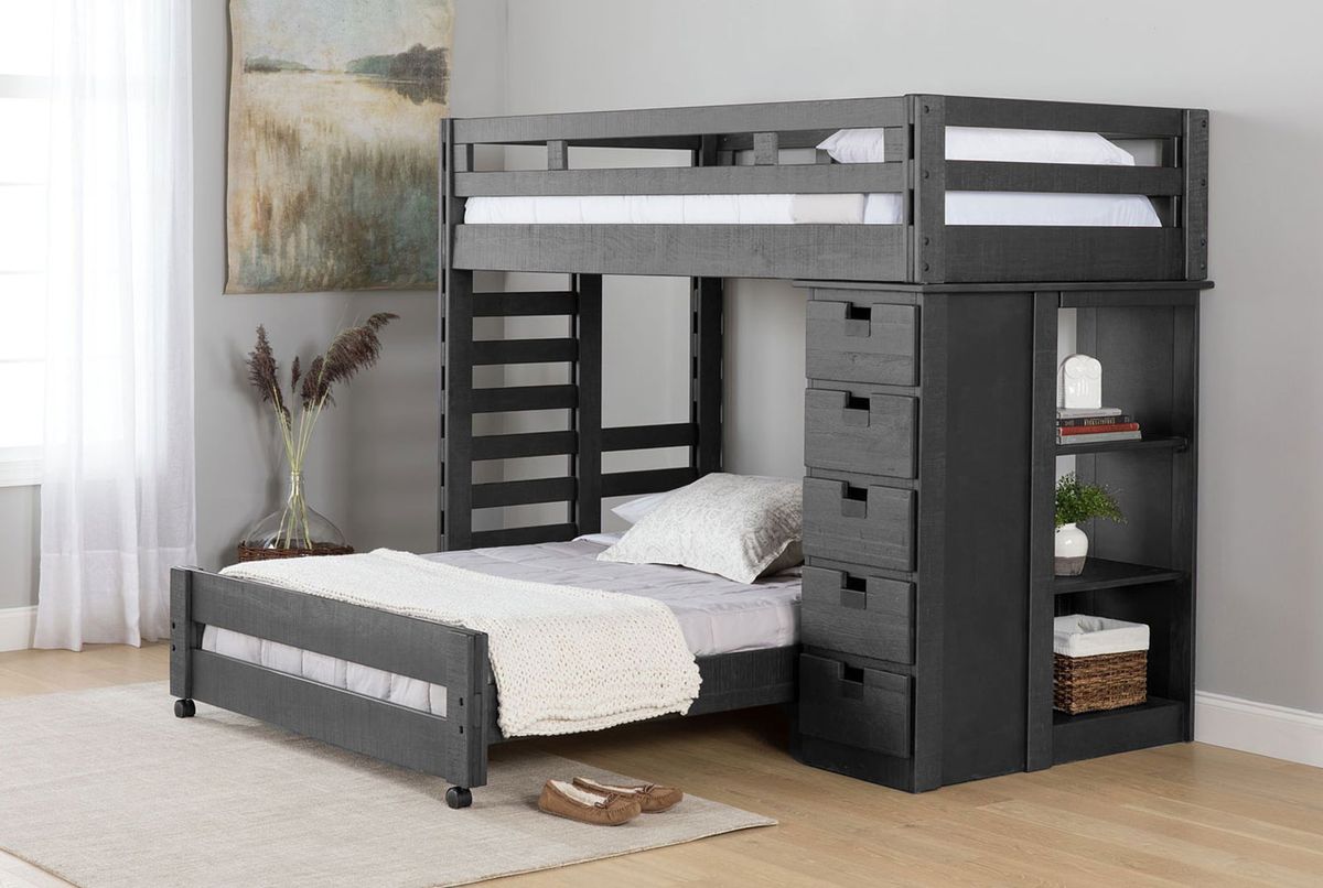 Elements International Vista Twin over Full Basic Loft Bed with Bookcase in Grey