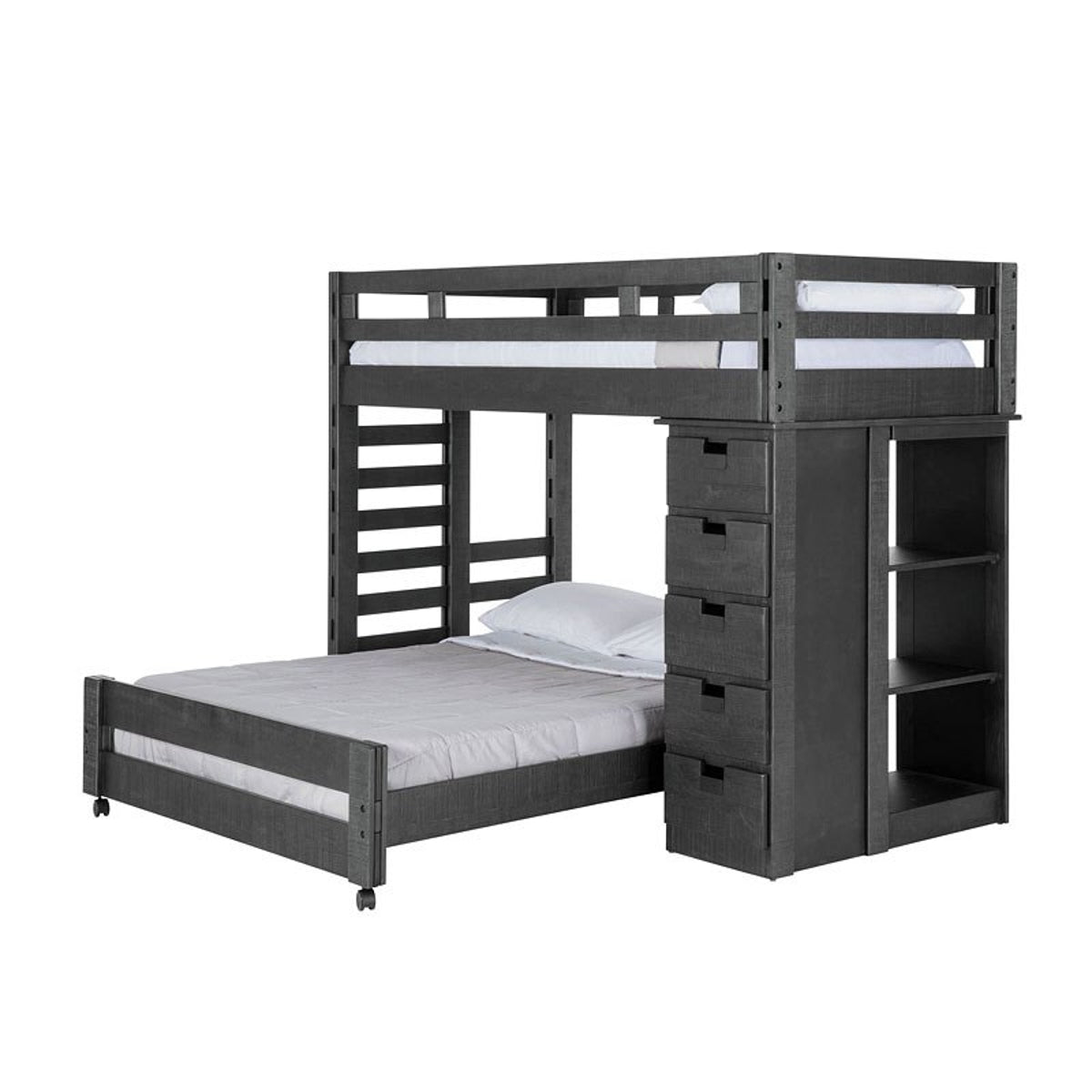 Elements International Vista Twin over Full Basic Loft Bed with Bookcase in Grey image