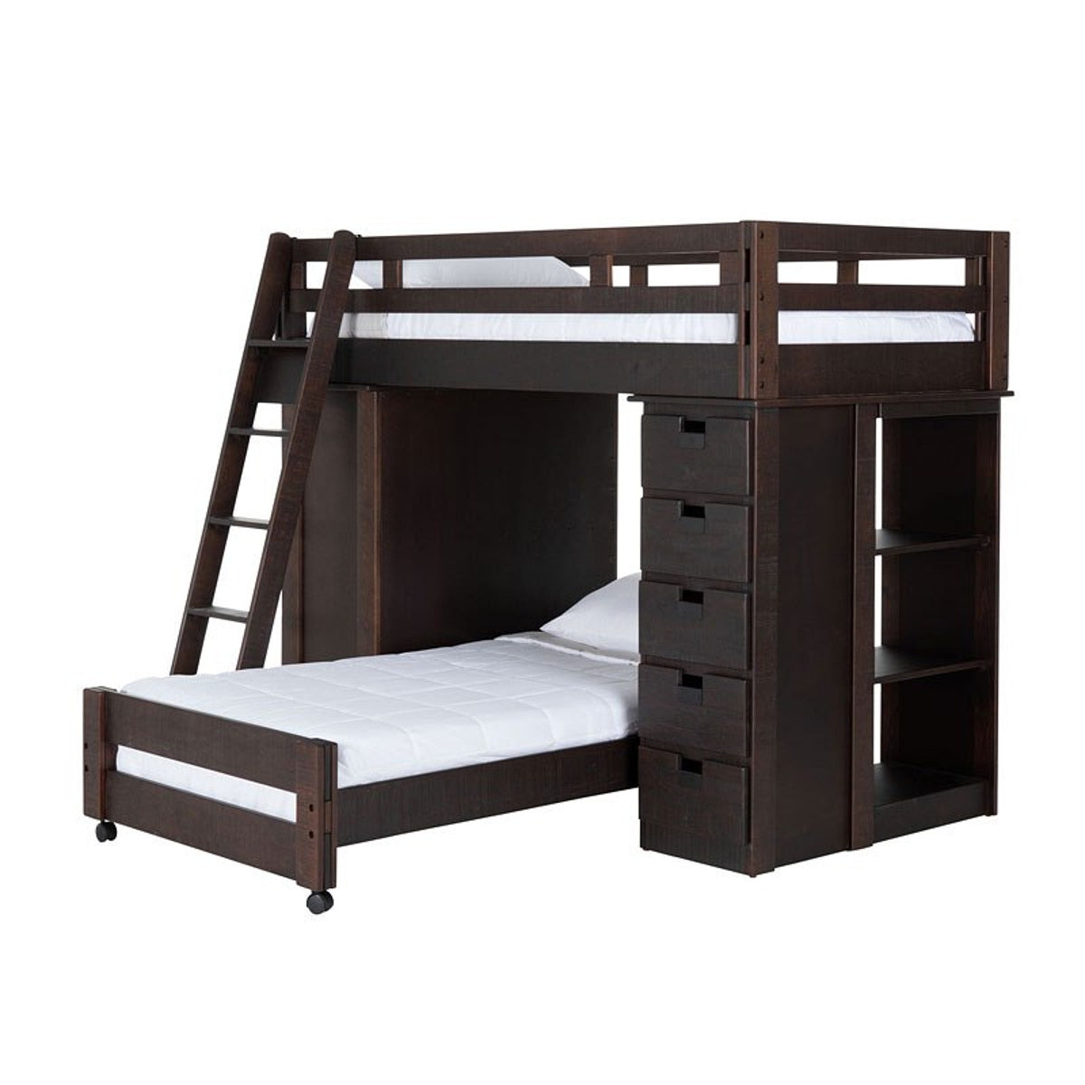 Elements International Vista Twin over Twin Super Loft Bed with Desk and Bookcase in Brown