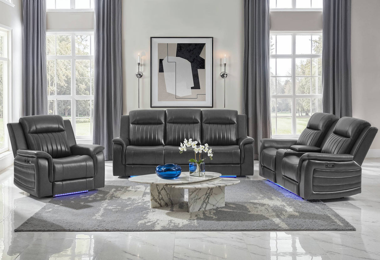 U8879 CHARCOAL PWR REC SOFA/PWR CON REC LOVESEAT/PWR REC W/LED & GL SS