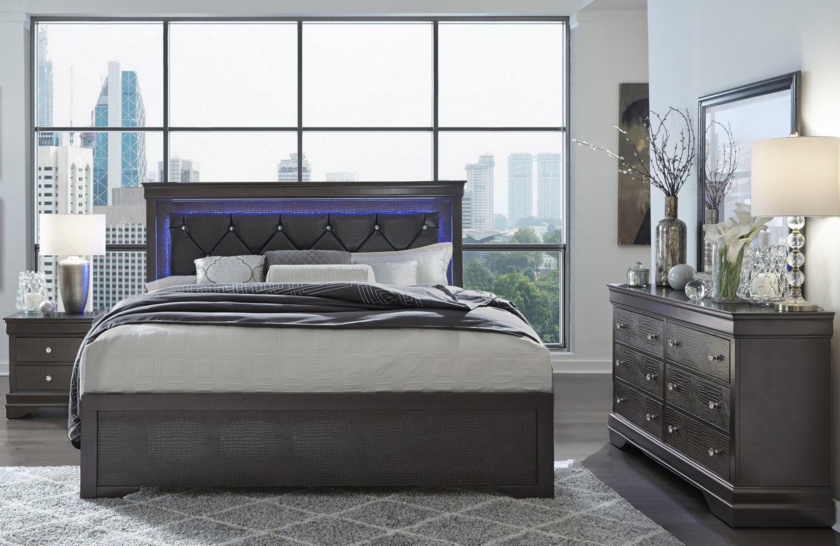 POMPEI METALLIC GREY QUEEN BED GROUP WITH LED