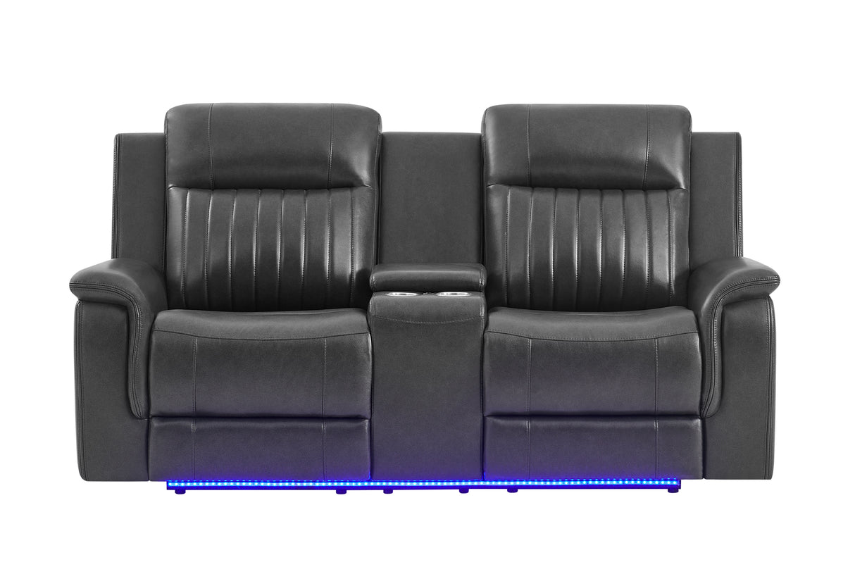 U8879 Charcoal Pwr Rec Sofa/Pwr Con Rec Loveseat W/LED & Gl Ss
