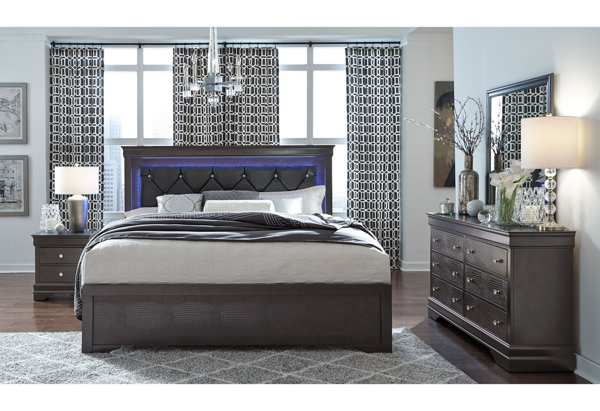 POMPEI METALLIC GREY QUEEN BED W/LED, DRESSER, MIRROR AND NIGHTSTAND