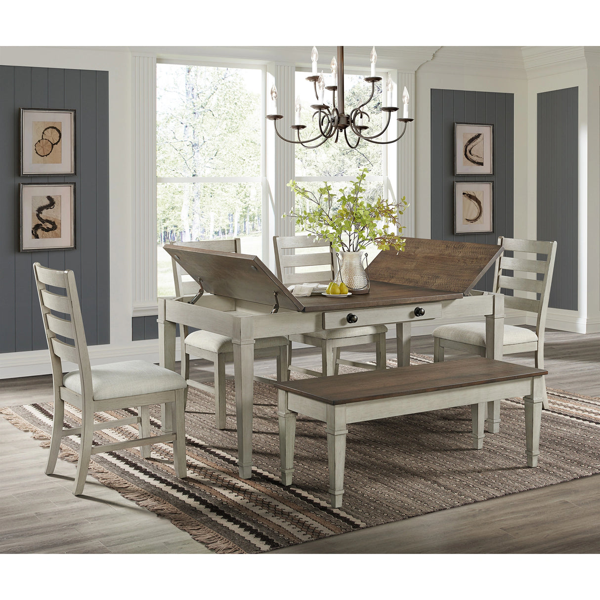 Farmington Storage Dining Bench in Medium Brown and Washed Stone