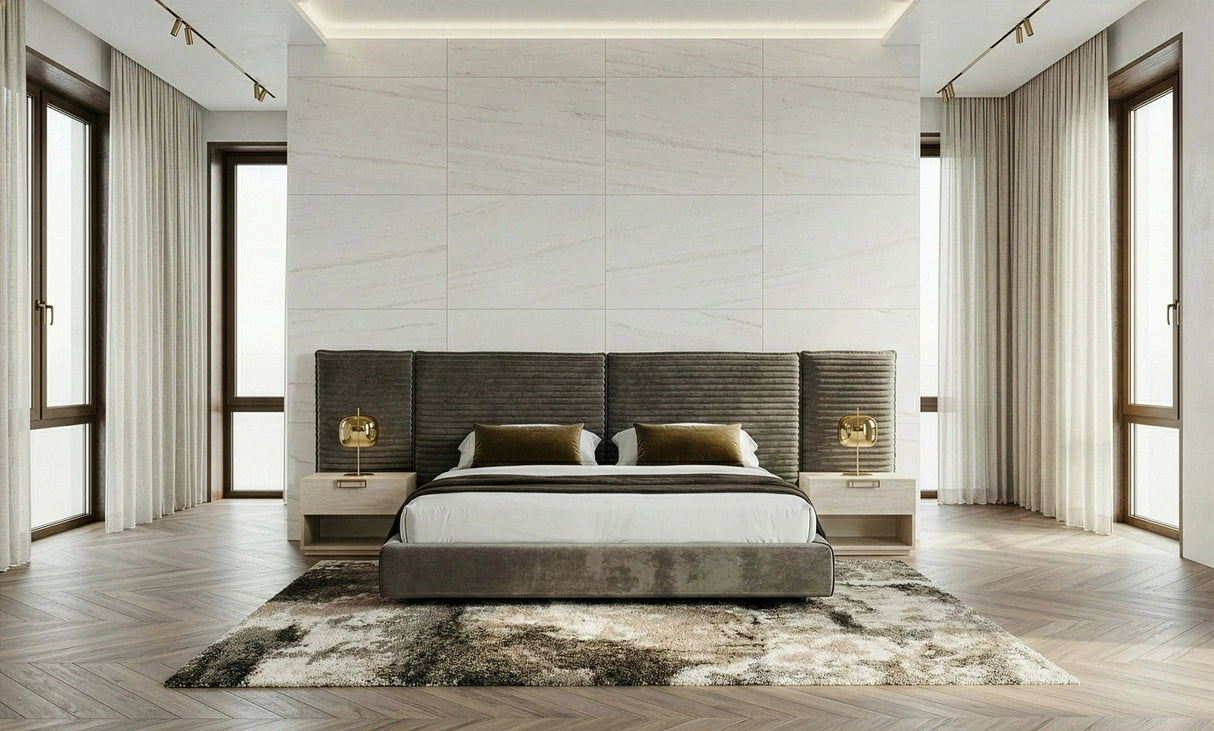Breslow + Lago - Modern Dark Taupe Fabric + Faux Travertine 4-Piece Bedroom Set