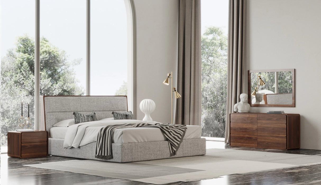 Dustin - Modern Grey Fabric & Walnut Trimmed Bedroom Set