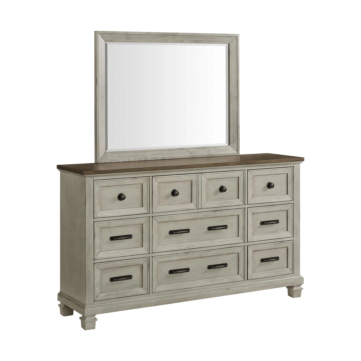 Farmington Dresser and Mirror Set in Medium Brown and Washed Stone