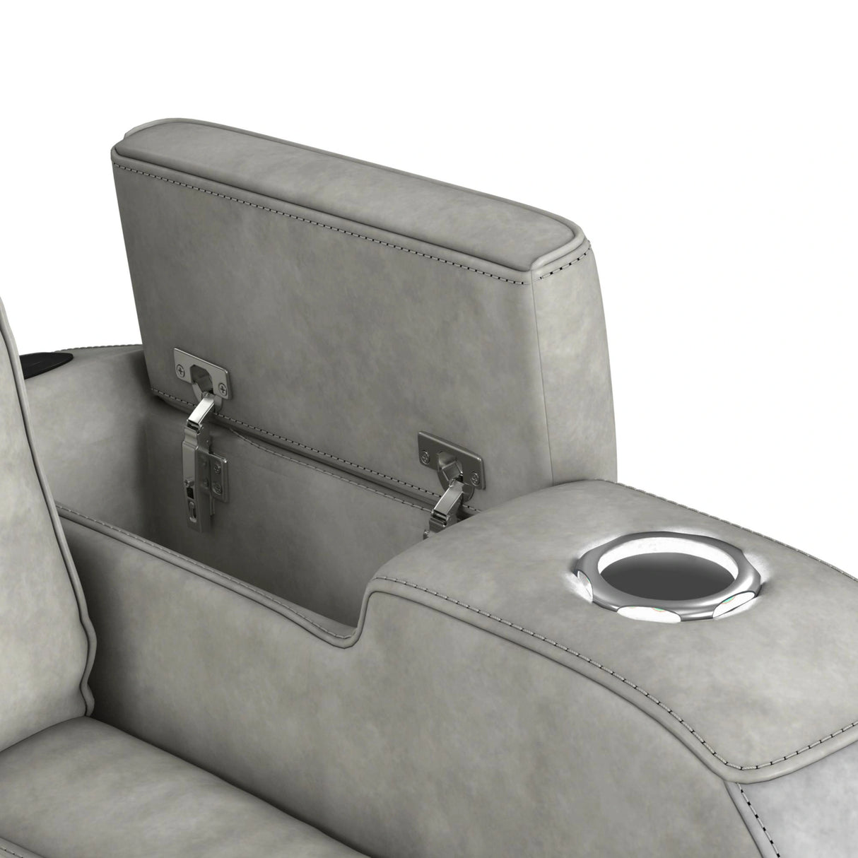 Prime Time P3 Sofa with DDT, 3.0 Table, 7 Colors (LED and Cup Holders), Reading Light, Vibration, speaker, and Heat Massage in Leather Gel Light Grey