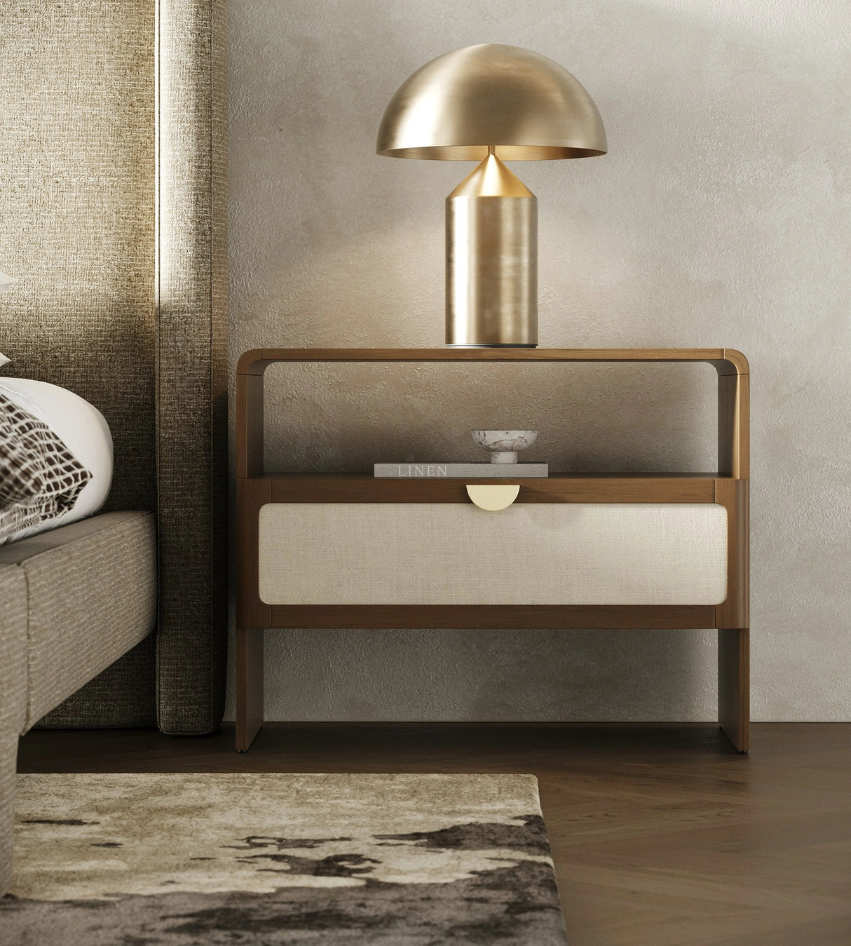 Lambert + Emilio - Modern Beige Fabric + Walnut + Burlap 4-Piece Bedroom Set