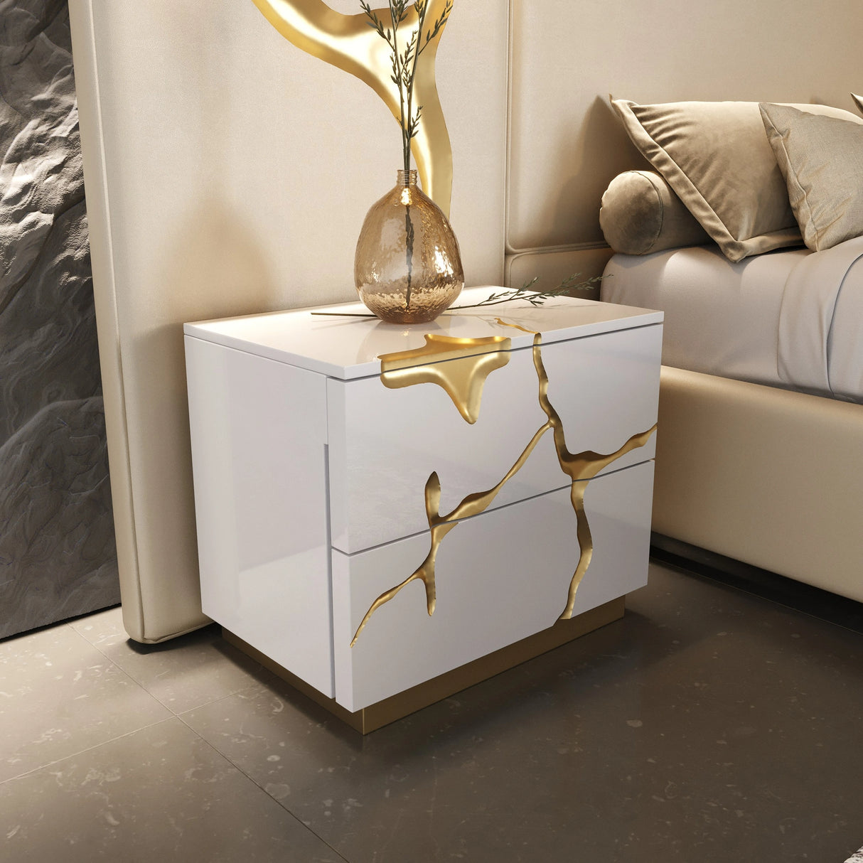 Aspen - Modern Beige + White + Gold 4-Piece Bedroom Set