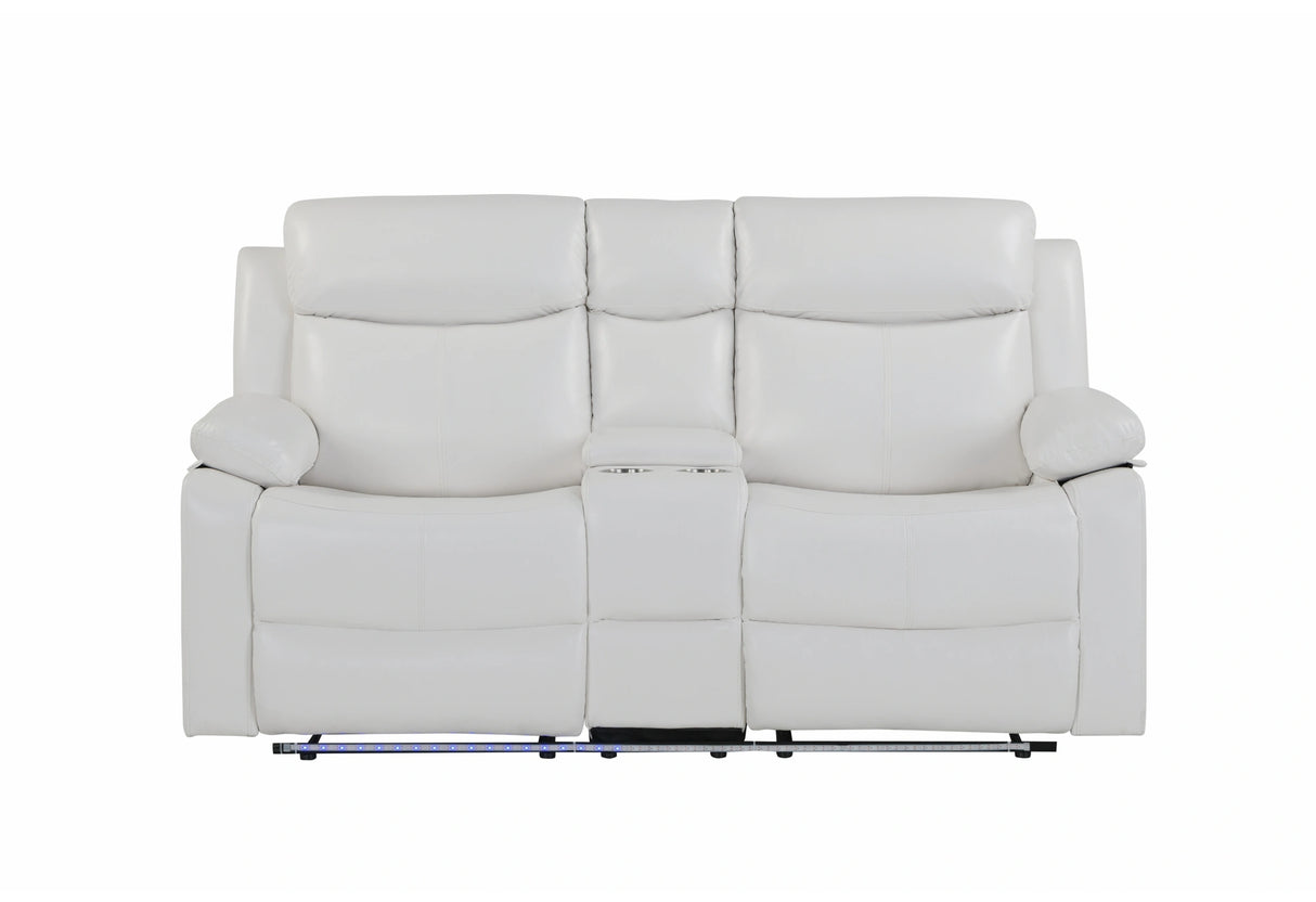 U6026 Blanche White Console Reclining Loveseat with LED and Speaker