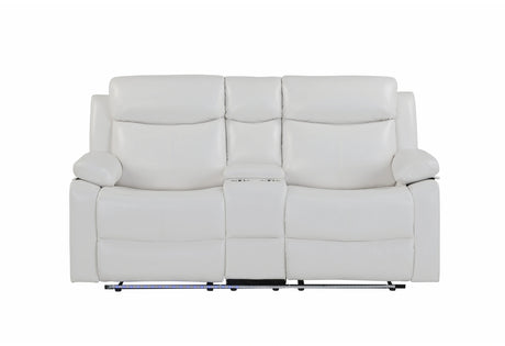 U6026 Blanche White Console Reclining Loveseat with LED and Speaker