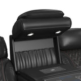 Prime Time P3 Sofa with I Table, reading light, heat, massage, LED, and speaker in Jett Black with Red Stitching