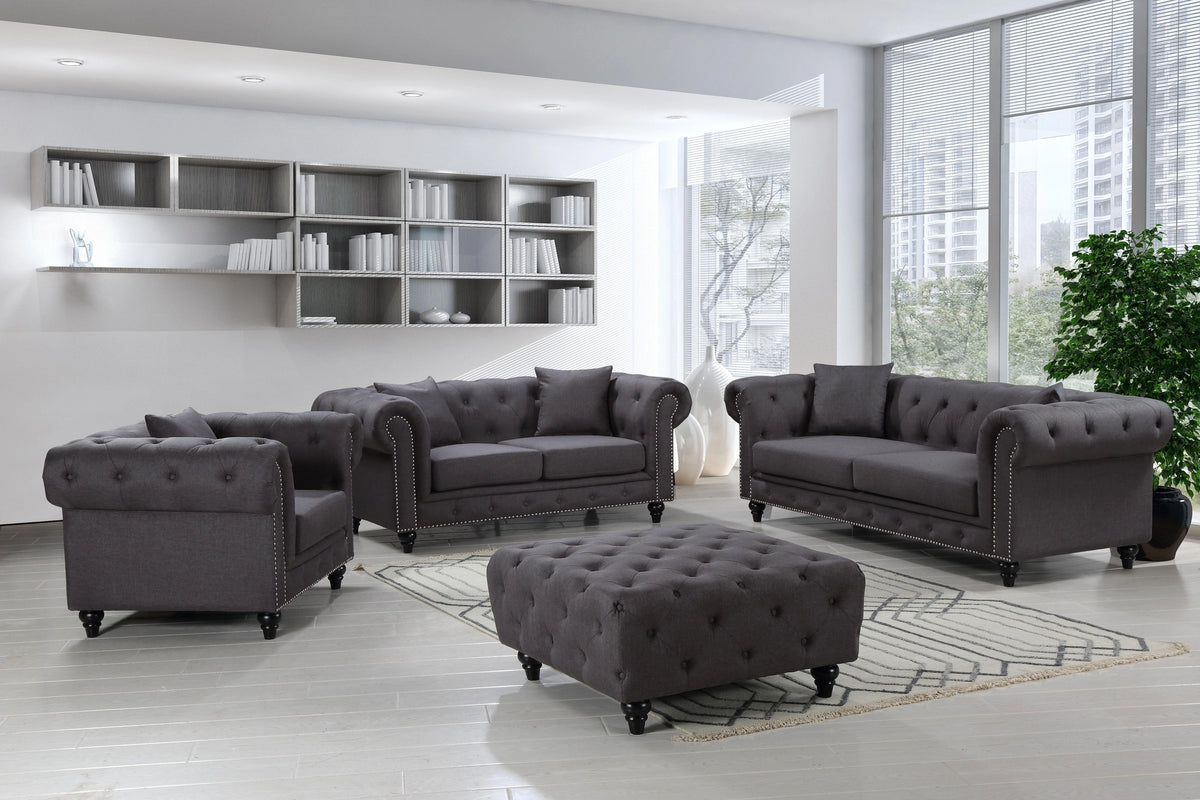 Chesterfield Grey Linen Ottoman