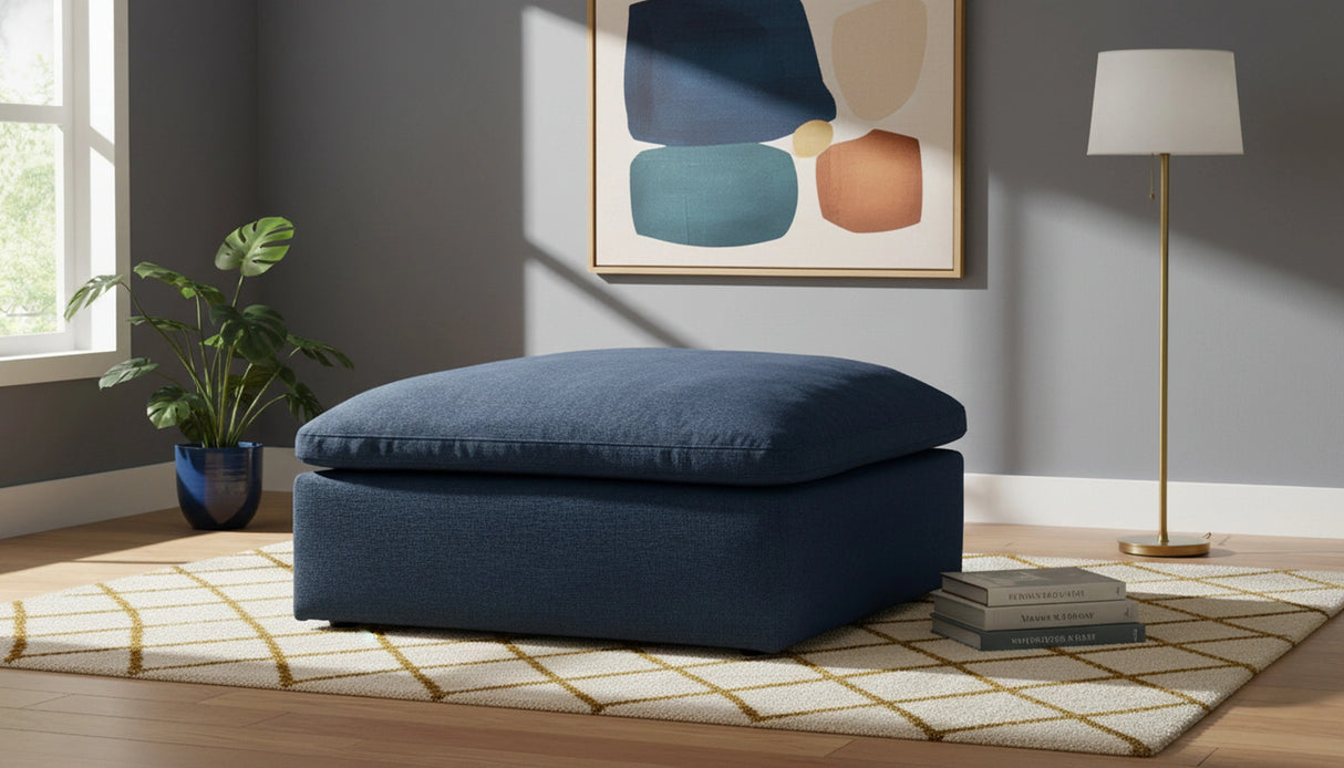 Serene Navy Linen Fabric Deluxe Cloud Ottoman