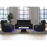 Prime Time P3 Sofa with I Table, reading light, heat, massage, LED, and speaker in Jett Black with Red Stitching
