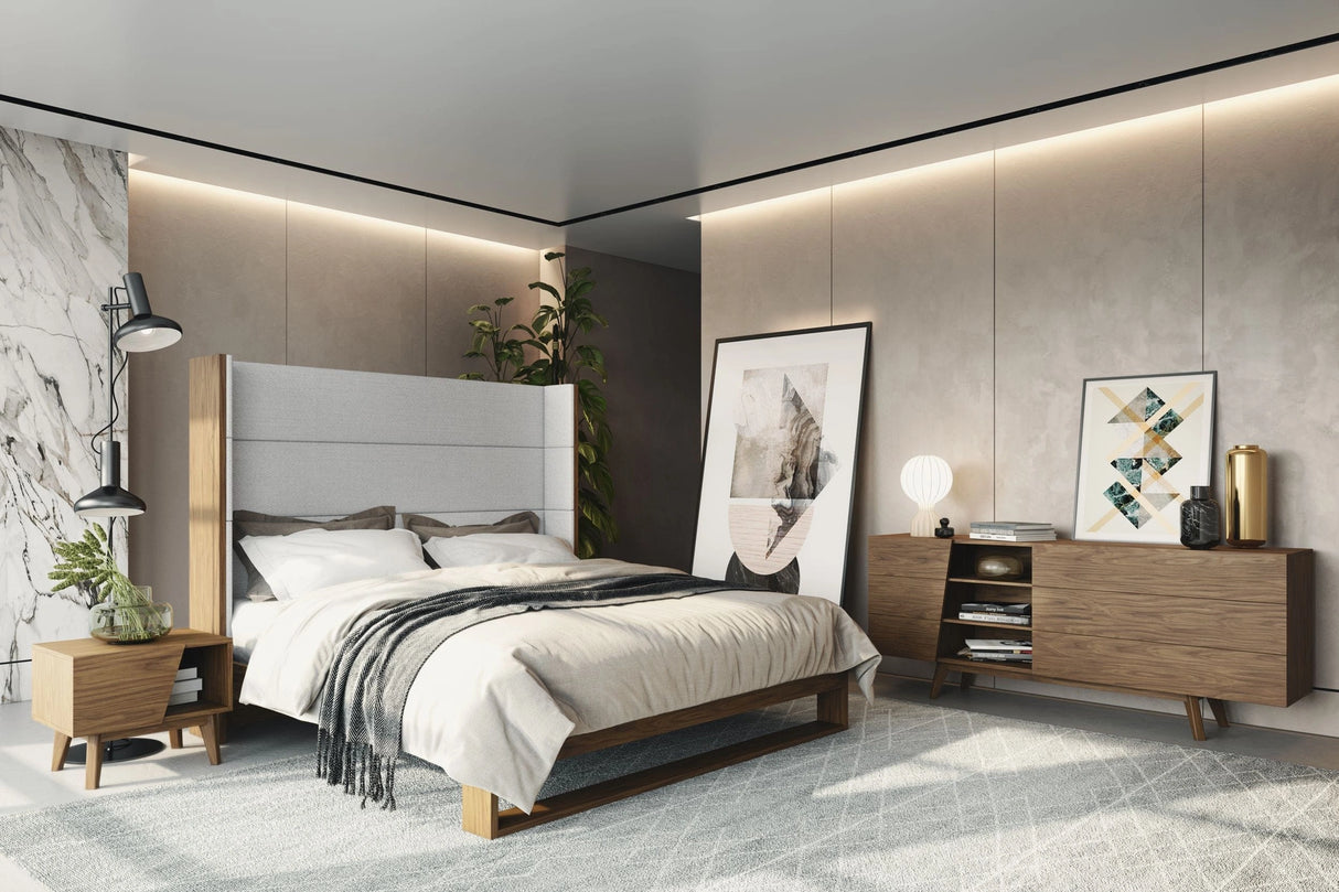 Heloise - Contemporary Grey Fabric & Walnut Trim Bed