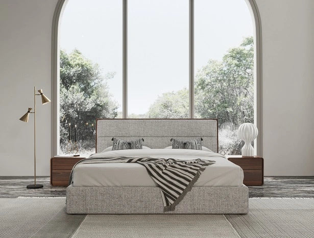 Dustin - Modern Grey Fabric & Walnut Trimmed Bedroom Set