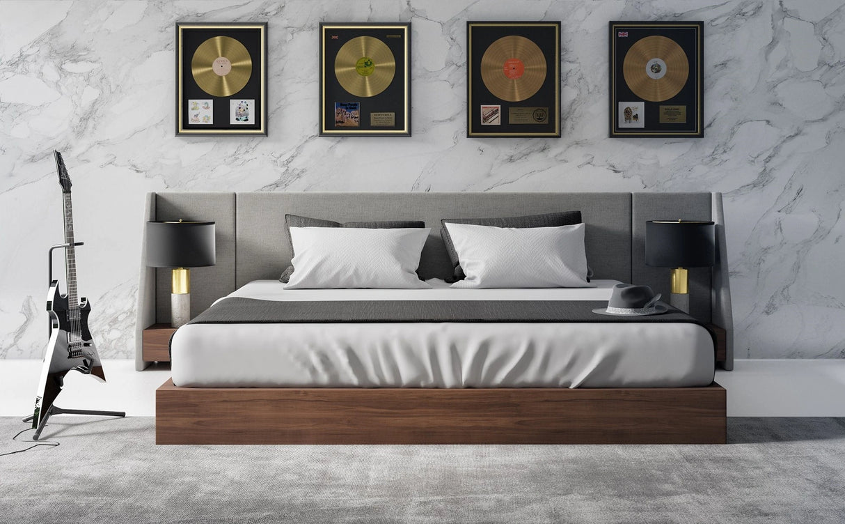 Janice - Modern Grey Fabric and Walnut Bed and Nightstands