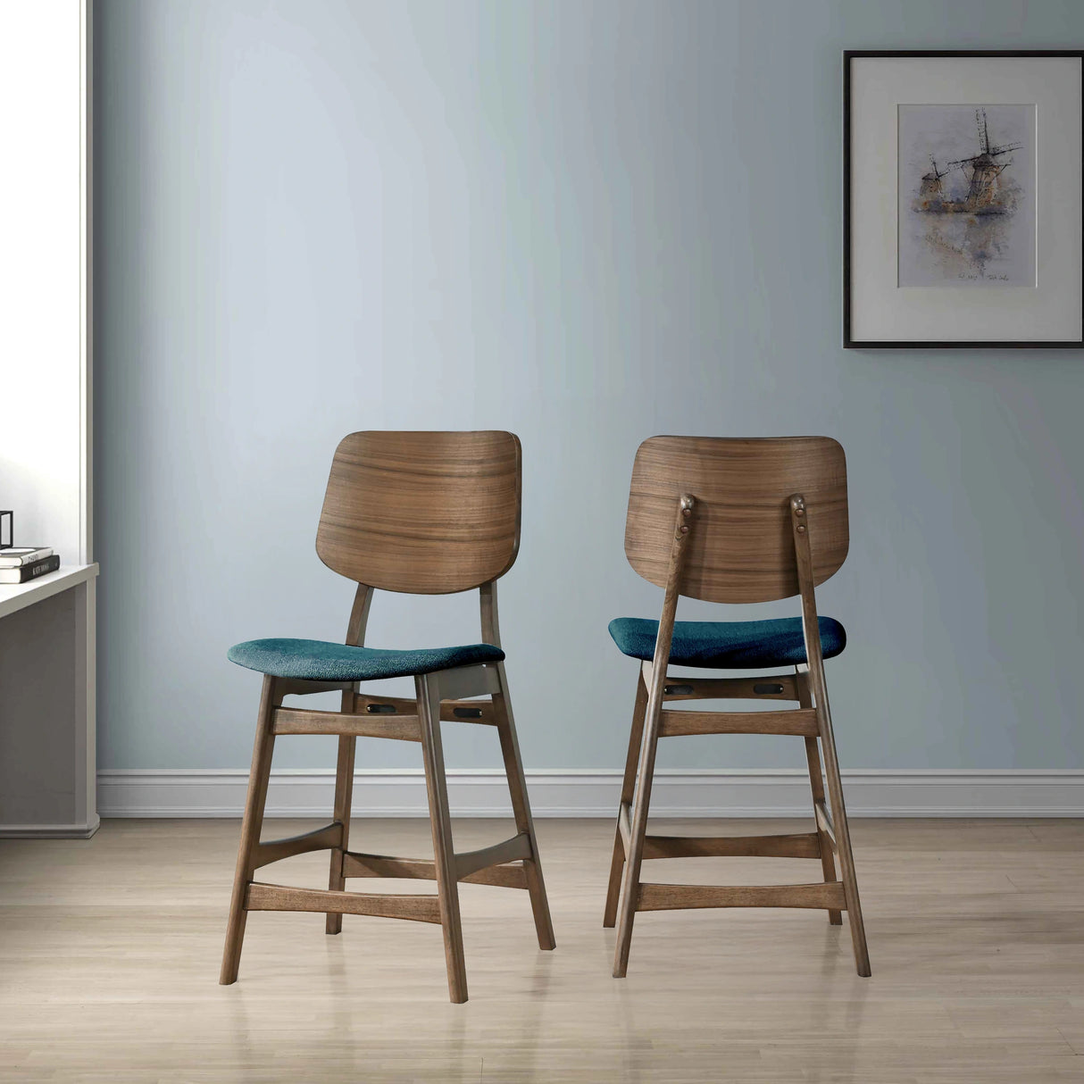Oscar Counter Chair With Forest Green Cushion-Walnut