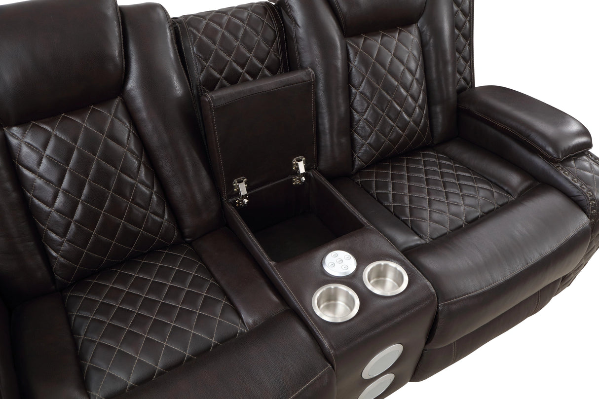 JOSHUA LEATHER CONSOLE LOVESEAT W/ DUAL RECLINERS-DK BROWN