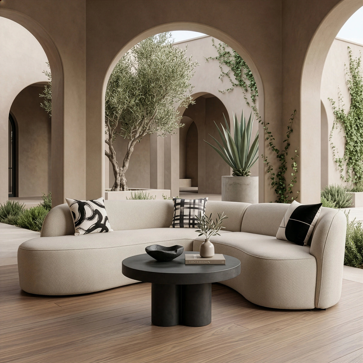 Lucena - Outdoor Oyster Olefin Fabric Curved Sectional Sofa