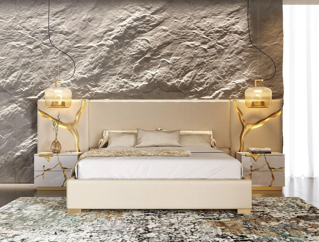 Aspen - Modern Beige + White + Gold 4-Piece Bedroom Set