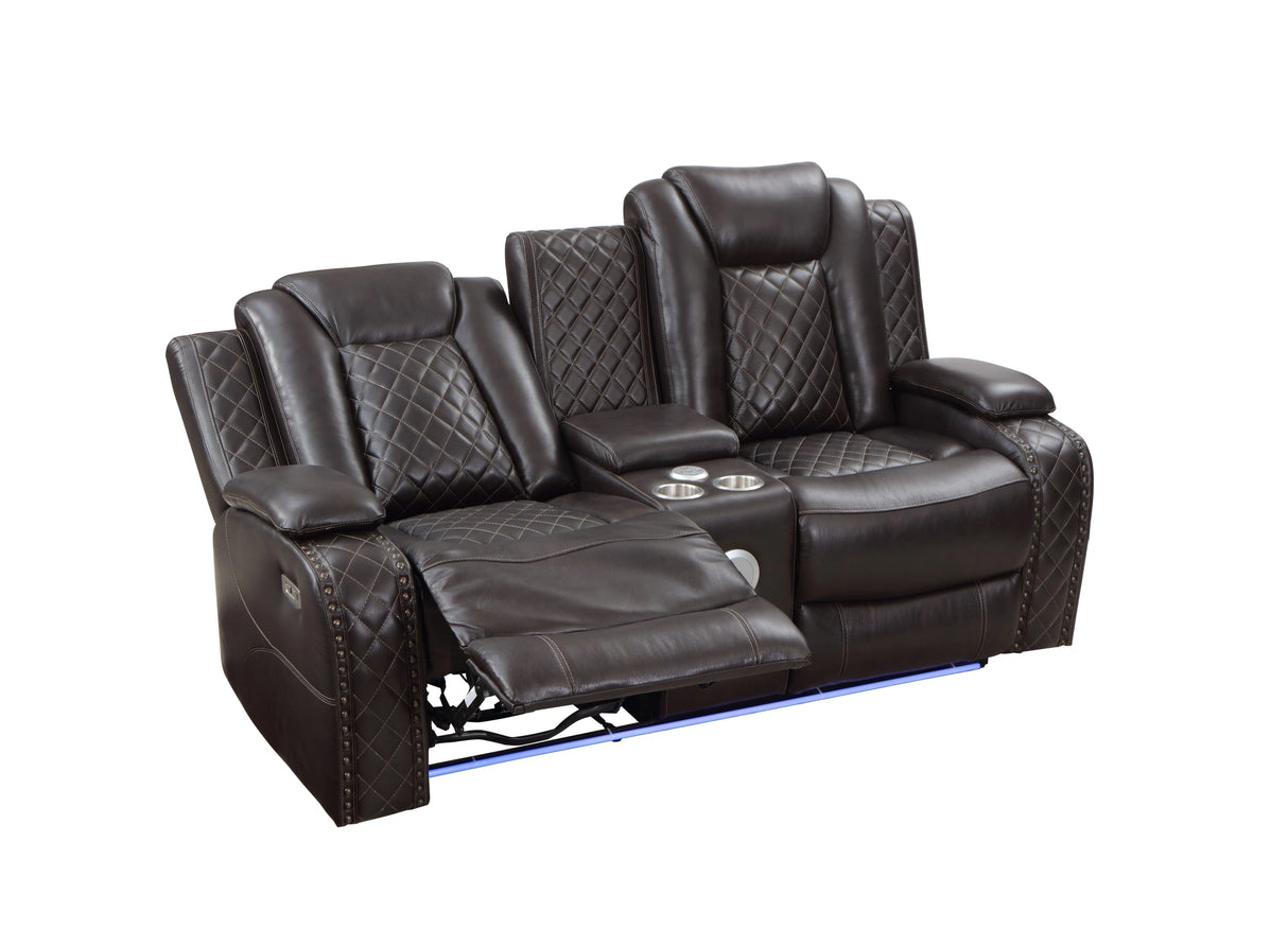JOSHUA LEATHER CONSOLE LOVESEAT W/ PWR FR & HR-DK BROWN