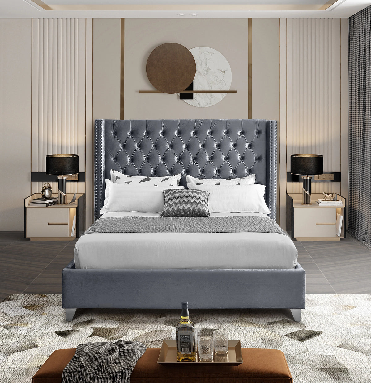 Aiden Grey Velvet Queen Bed